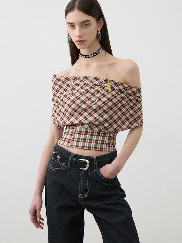 AFTADAWN Red Plaid Ruched Convertible Halter Off Shoulder Women&