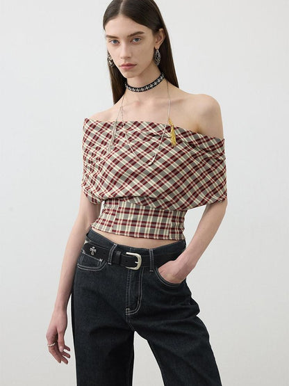 AFTADAWN Red Plaid Ruched Convertible Halter Off Shoulder Women&