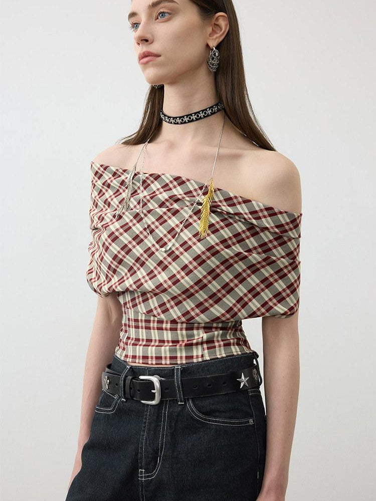 AFTADAWN Red Plaid Ruched Convertible Halter Off Shoulder Women&