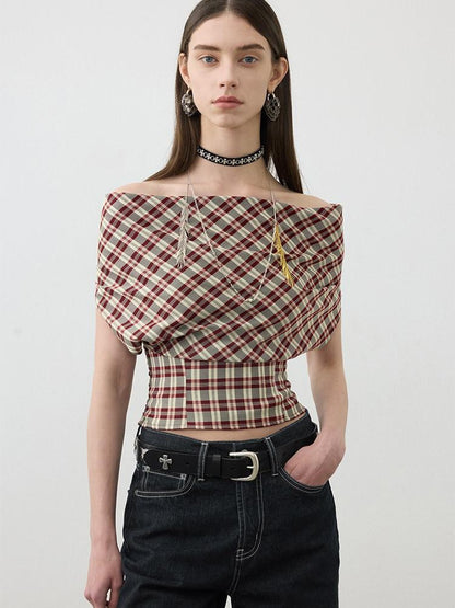 AFTADAWN Red Plaid Ruched Convertible Halter Off Shoulder Women&