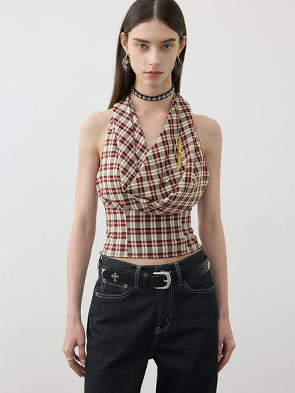 AFTADAWN Red Plaid Ruched Convertible Halter Off Shoulder Women&