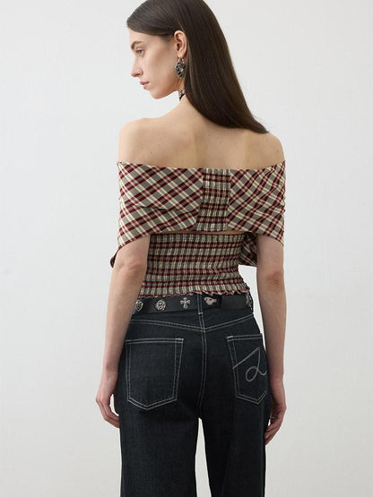 AFTADAWN Red Plaid Ruched Convertible Halter Off Shoulder Women&