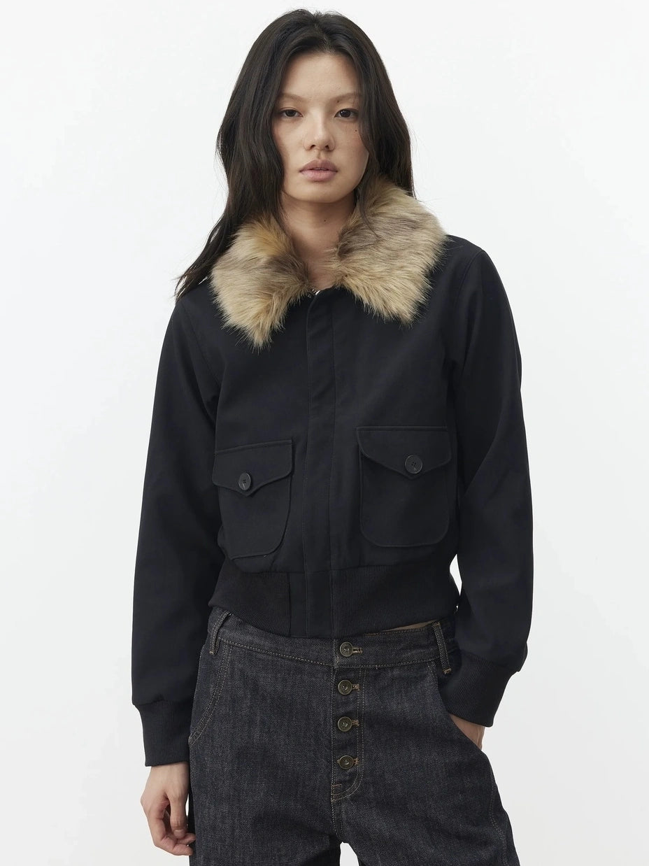 AFTADAWN Reinforced Leopard Print Detachable Fur Collar Jacket Jacket