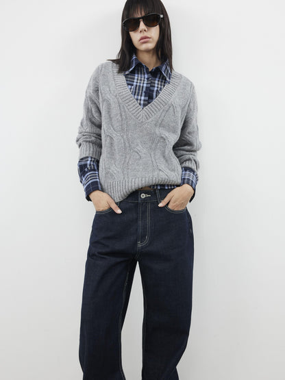 AFTADAWN Relaxed Thick Cable Knit V-neck Women&