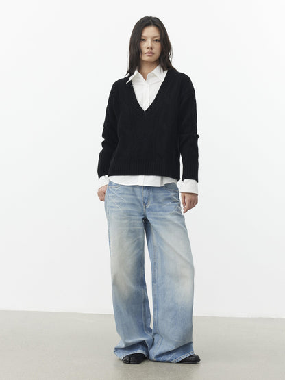 AFTADAWN Relaxed Thick Cable Knit V-neck Women&