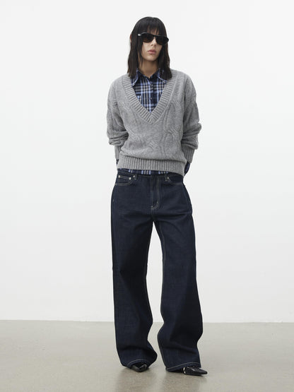 AFTADAWN Relaxed Thick Cable Knit V-neck Women&