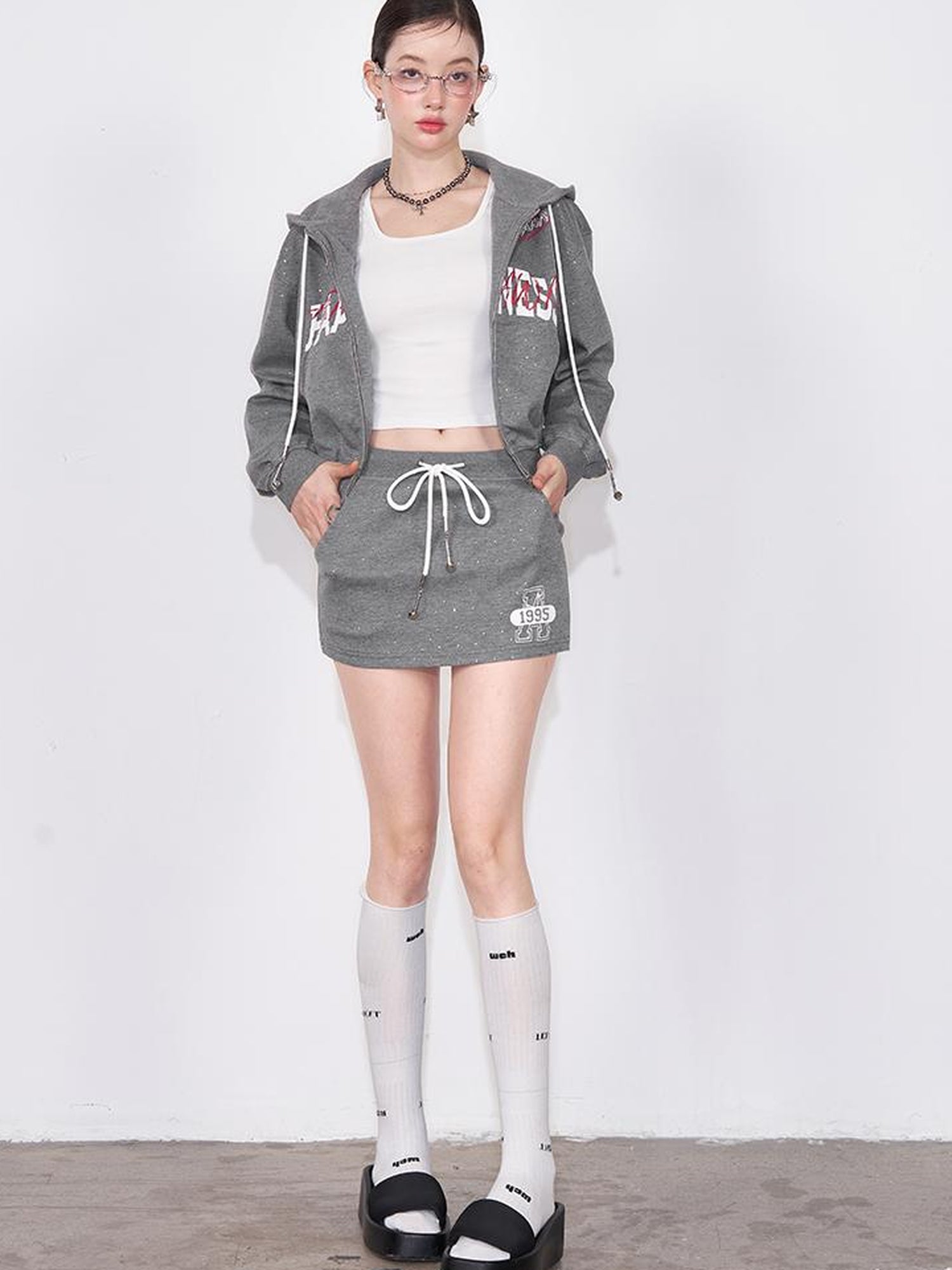 AFTADAWN Retro Air Layer Hoodie Set With Print Skirt