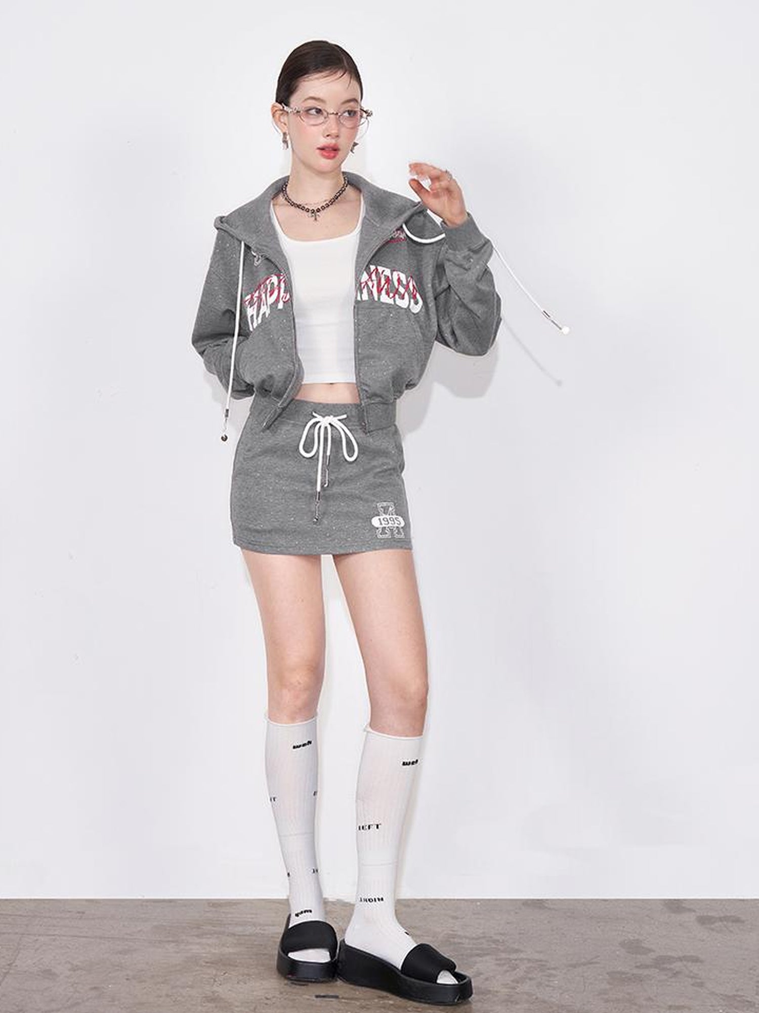 AFTADAWN Retro Air Layer Hoodie Set With Print Skirt