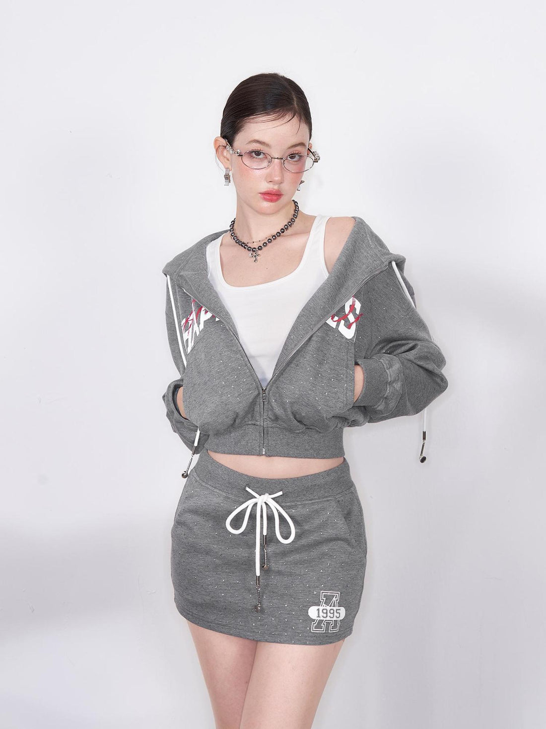 AFTADAWN Retro Air Layer Hoodie Set With Print Skirt