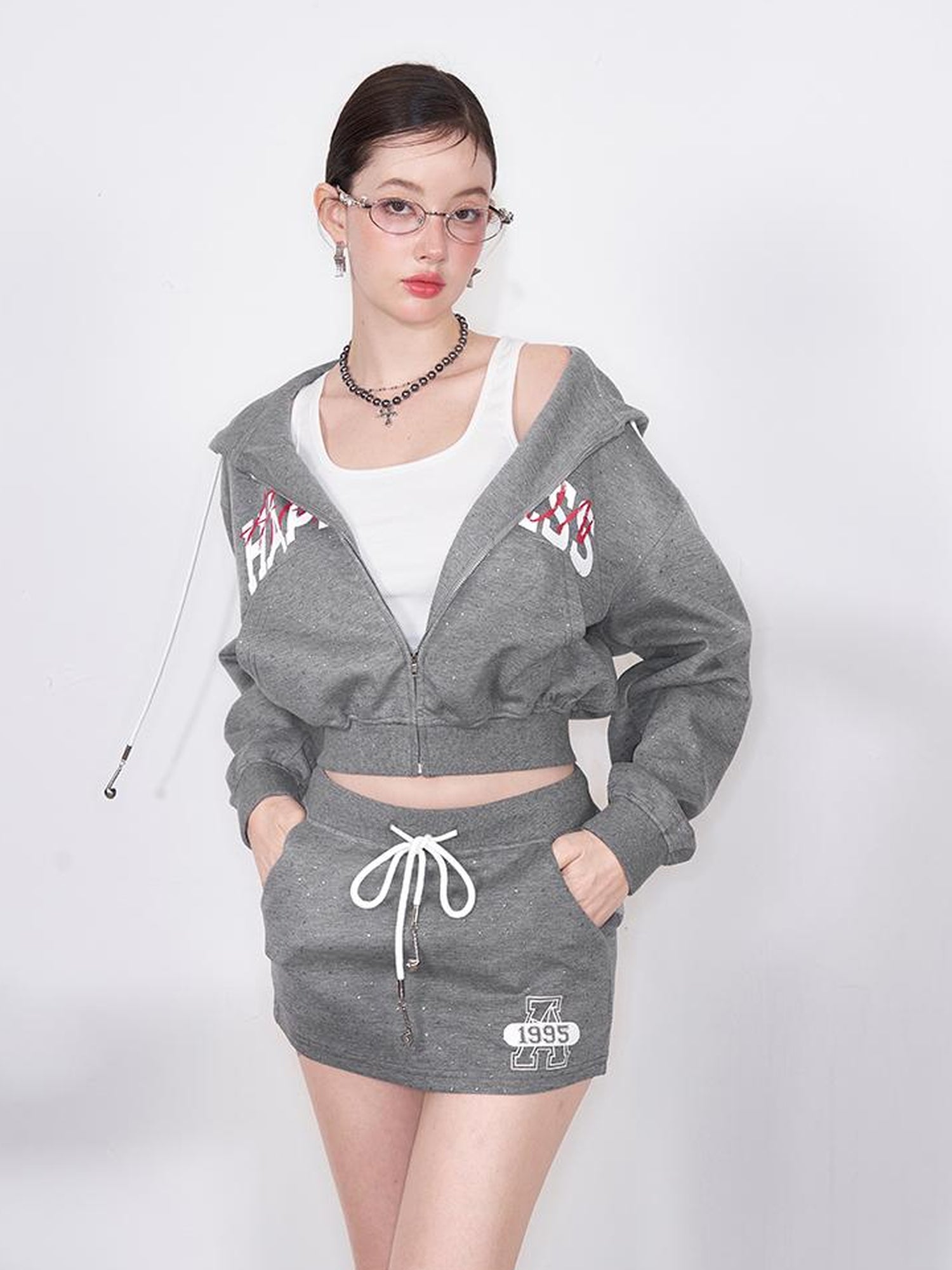 AFTADAWN Retro Air Layer Hoodie Set With Print Skirt