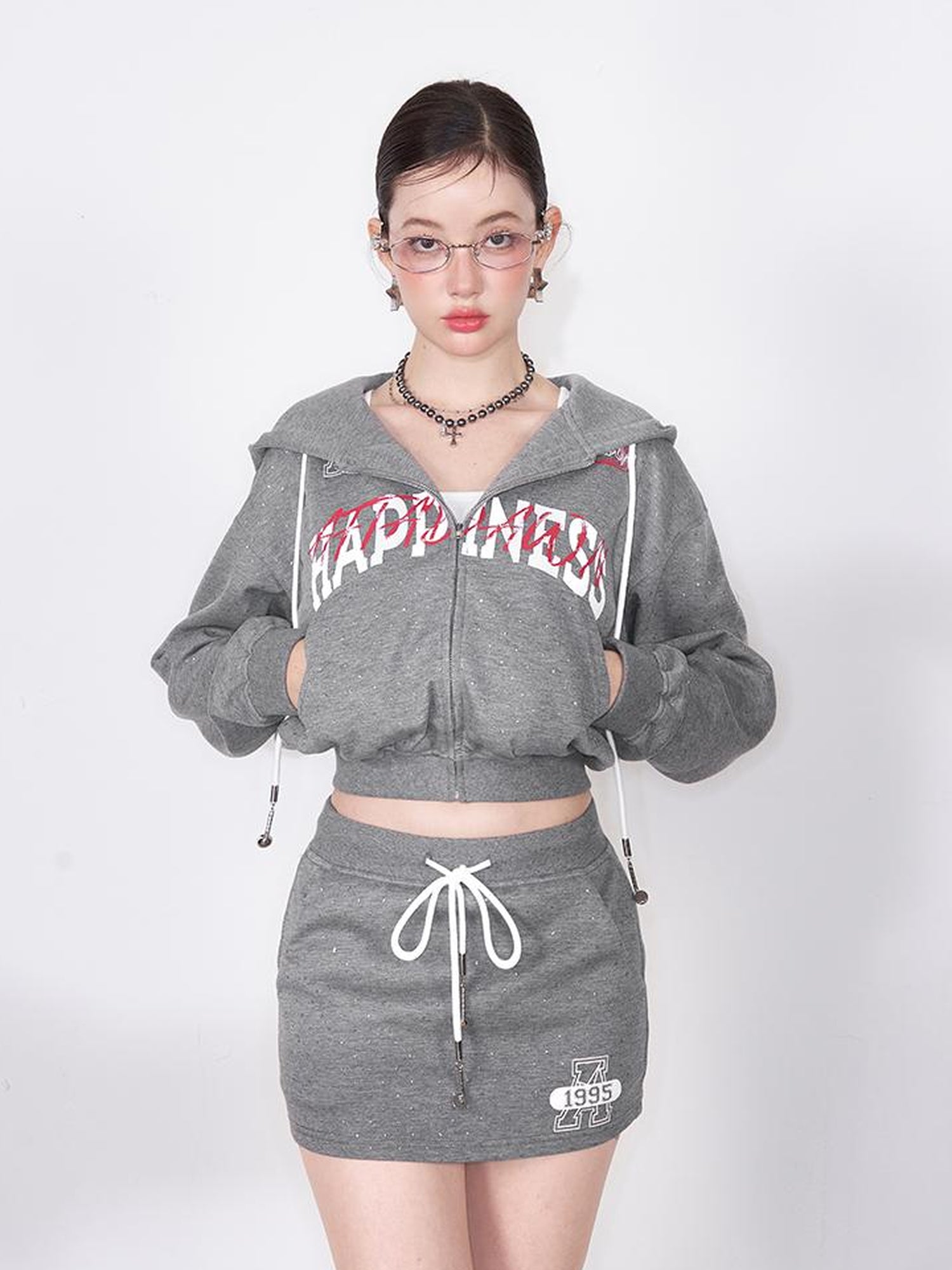 AFTADAWN Retro Air Layer Hoodie Set With Print Skirt