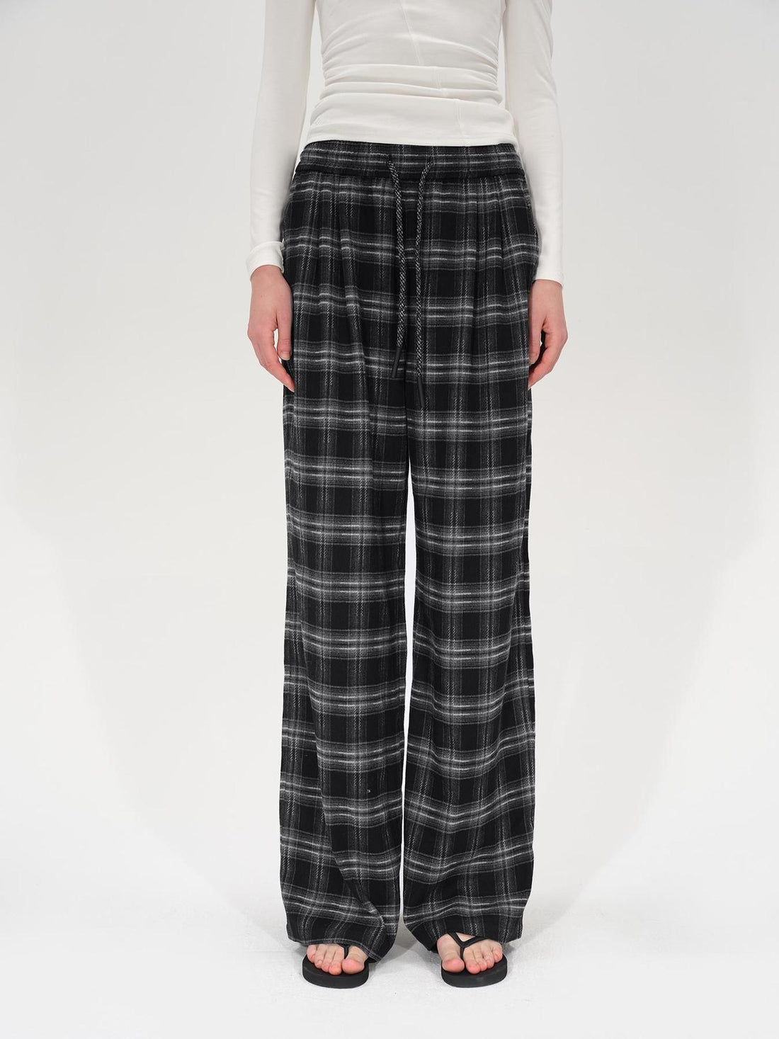 AFTADAWN Retro Checkered Drawstring High Waisted Wide Leg Pants