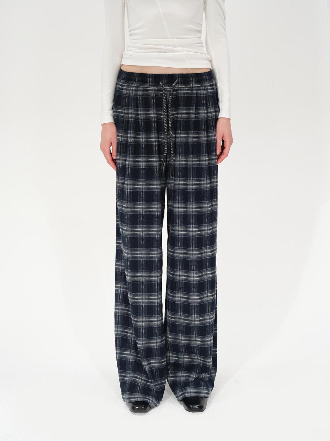 AFTADAWN Retro Checkered Drawstring High Waisted Wide Leg Pants