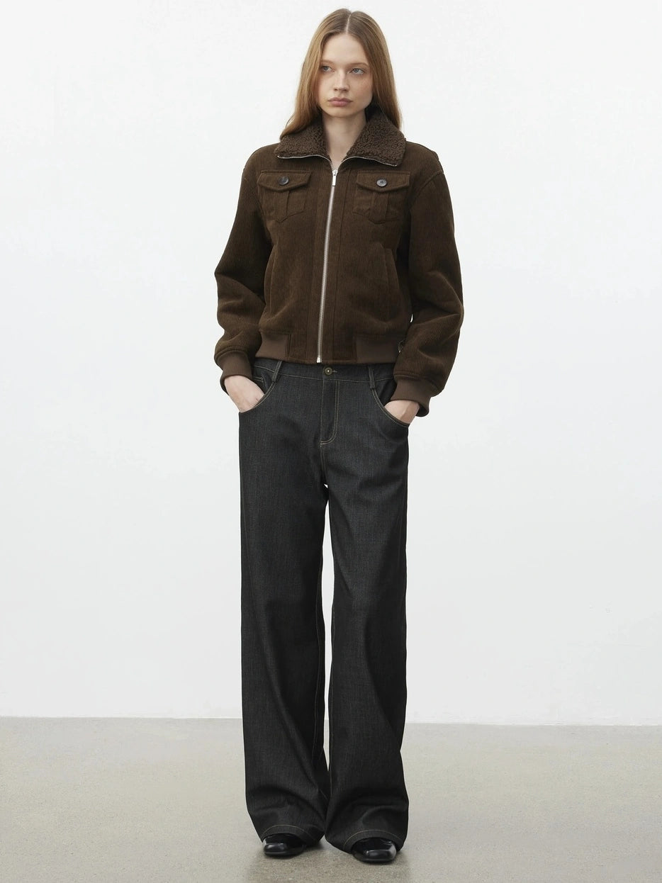 AFTADAWN Retro Collar Shearling Lined Short Jacket Jacket