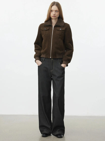 AFTADAWN Retro Collar Shearling Lined Short Jacket Jacket