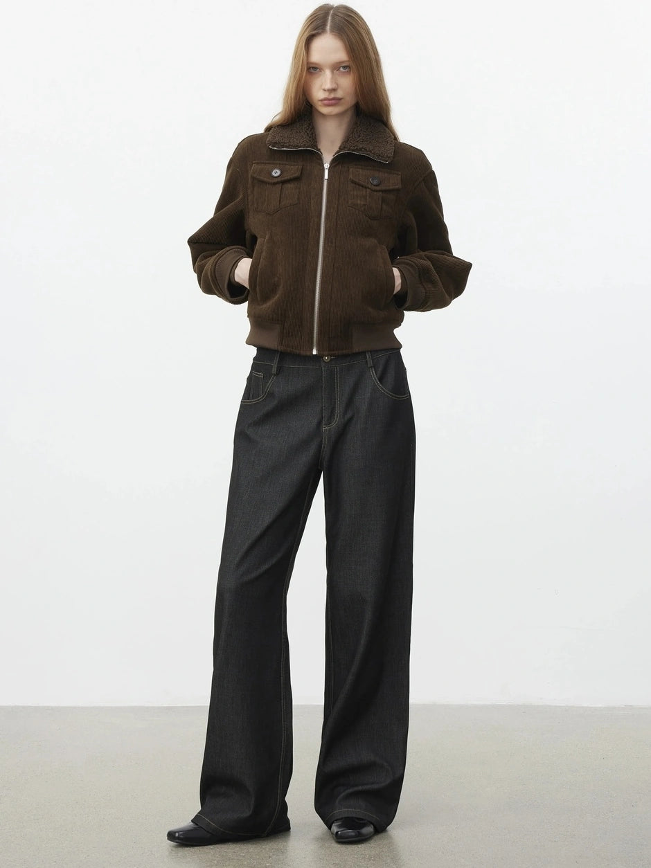 AFTADAWN Retro Collar Shearling Lined Short Jacket Jacket