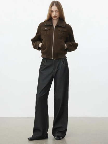 AFTADAWN Retro Collar Shearling Lined Short Jacket Jacket