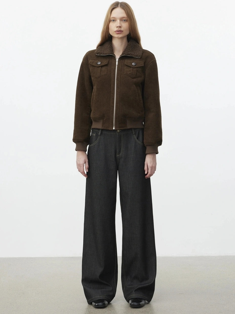 AFTADAWN Retro Collar Shearling Lined Short Jacket Jacket