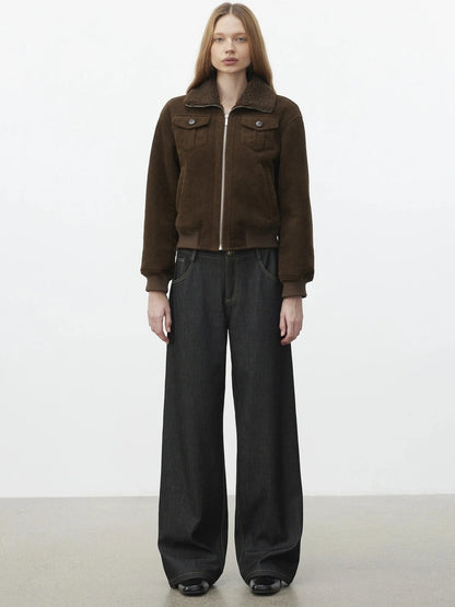 AFTADAWN Retro Collar Shearling Lined Short Jacket Jacket