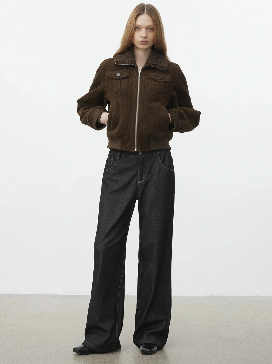 AFTADAWN Retro Collar Shearling Lined Short Jacket Jacket