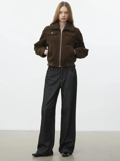 AFTADAWN Retro Collar Shearling Lined Short Jacket Jacket