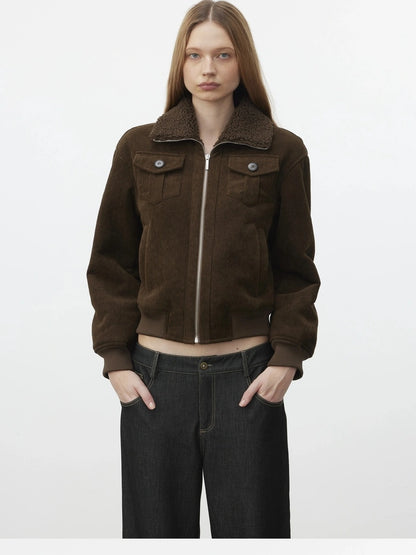 AFTADAWN Retro Collar Shearling Lined Short Jacket Jacket