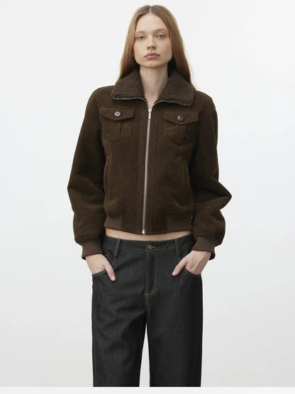 AFTADAWN Retro Collar Shearling Lined Short Jacket Jacket