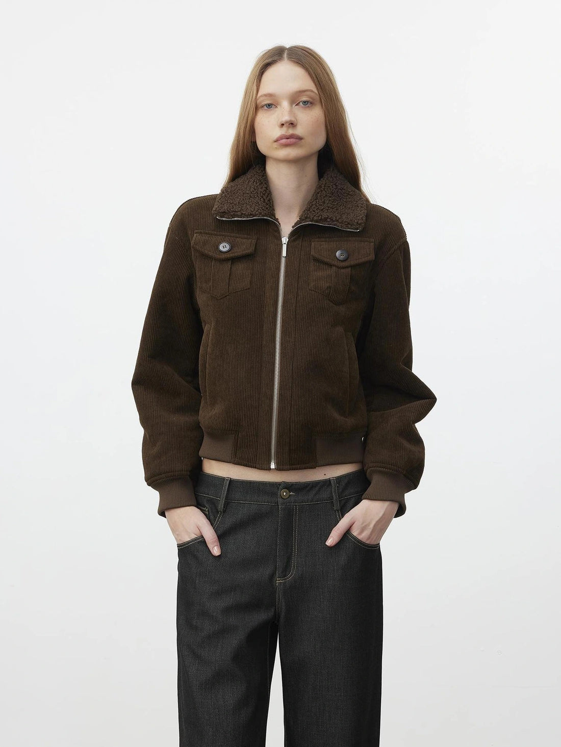 AFTADAWN Retro Collar Shearling Lined Short Jacket Jacket