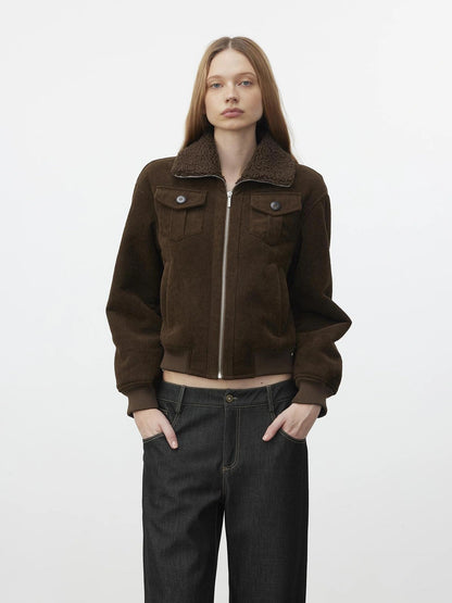 AFTADAWN Retro Collar Shearling Lined Short Jacket Jacket