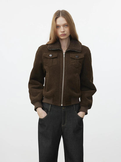 AFTADAWN Retro Collar Shearling Lined Short Jacket Jacket
