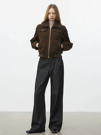 AFTADAWN Retro Collar Shearling Lined Short Jacket Jacket