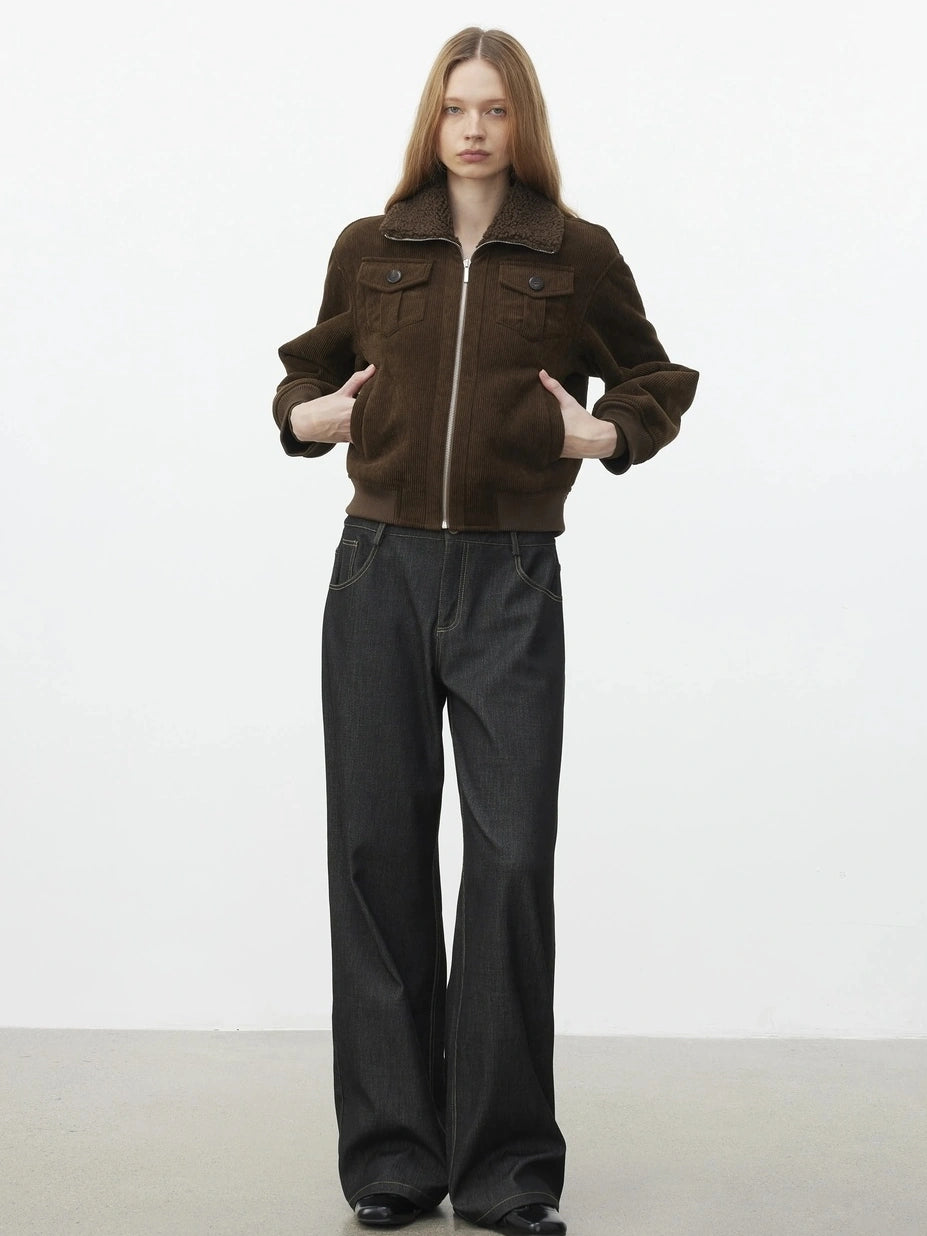 AFTADAWN Retro Collar Shearling Lined Short Jacket Jacket