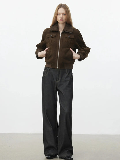 AFTADAWN Retro Collar Shearling Lined Short Jacket Jacket