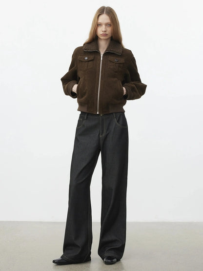 AFTADAWN Retro Collar Shearling Lined Short Jacket Jacket