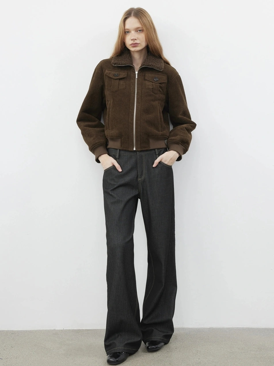 AFTADAWN Retro Collar Shearling Lined Short Jacket Jacket