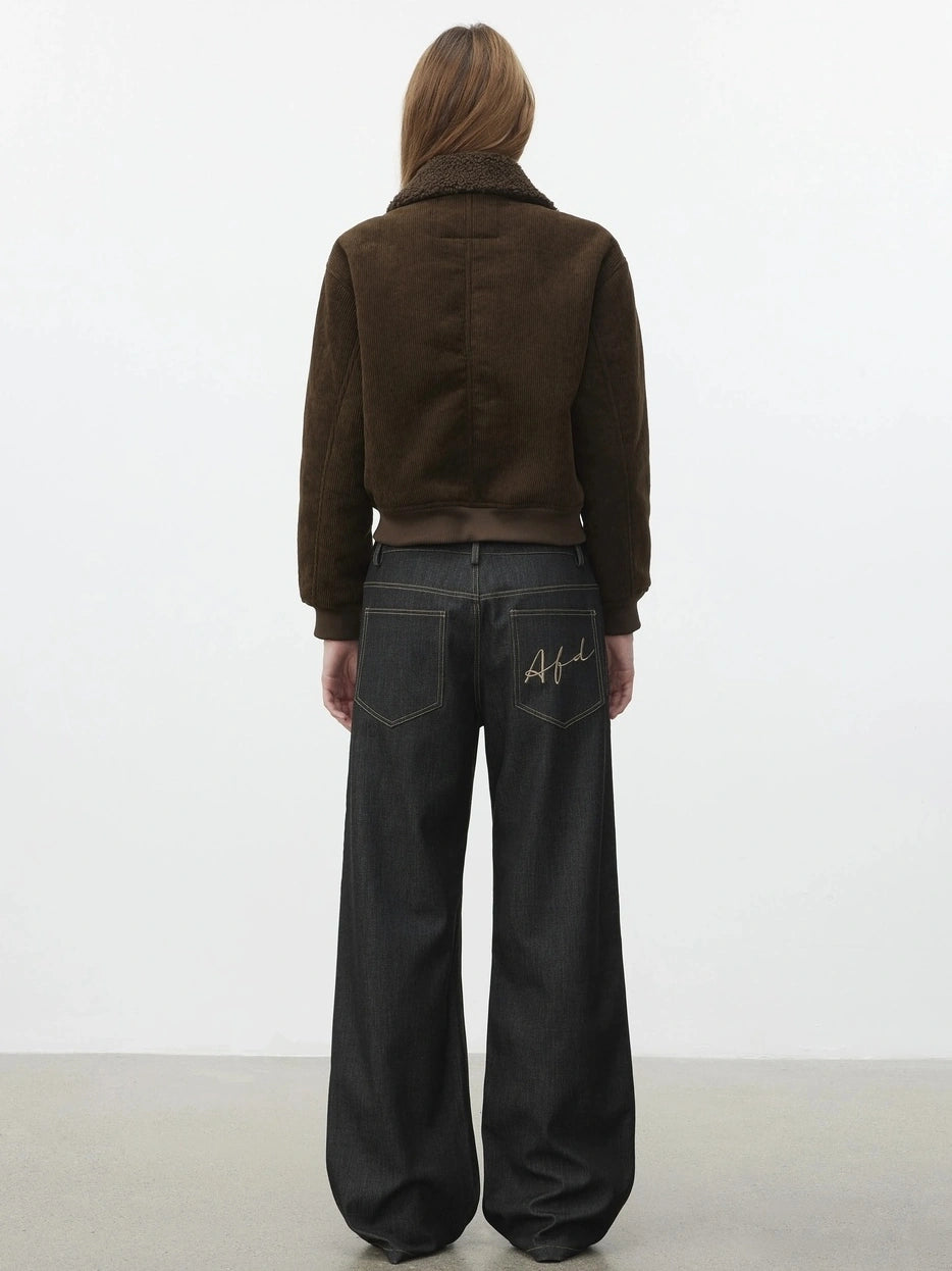 AFTADAWN Retro Collar Shearling Lined Short Jacket Jacket