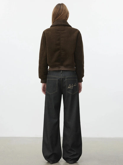 AFTADAWN Retro Collar Shearling Lined Short Jacket Jacket