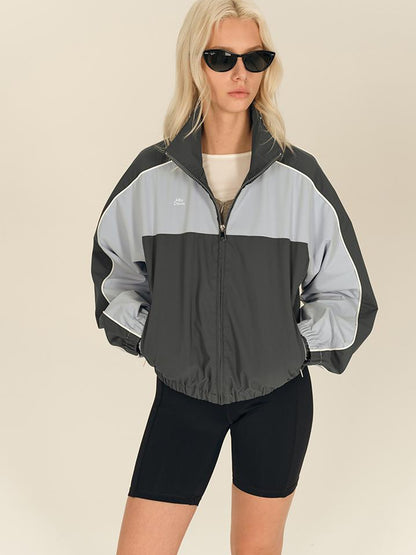 AFTADAWN Retro Color Block Stand Collar Loose Sports Jacket