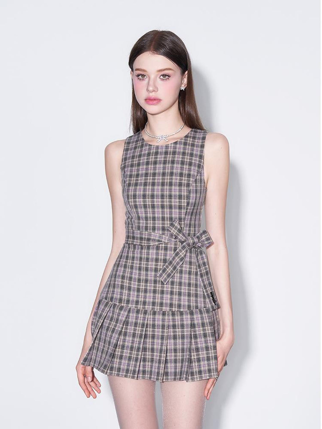 AFTADAWN Retro Plaid Bow Tie Waist A Line Dress