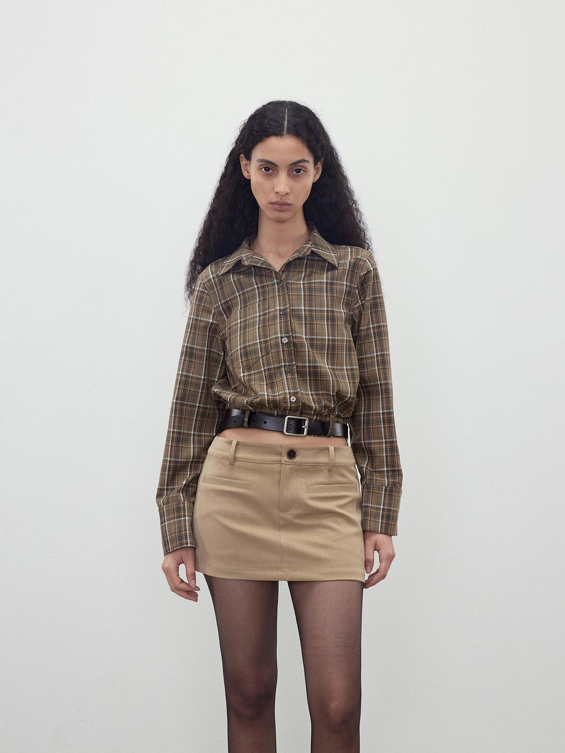 AFTADAWN Retro Plaid Collar Shirt With Detachable Leather Belt