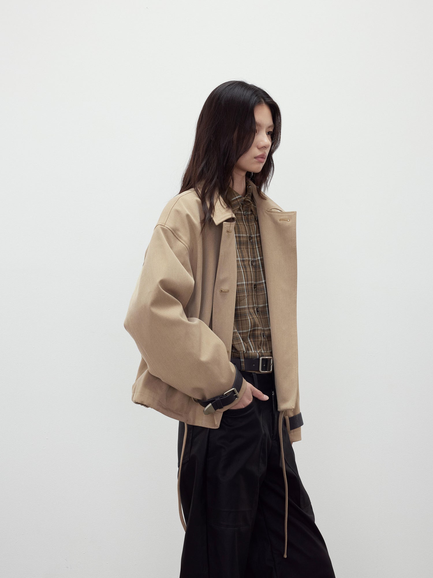 AFTADAWN Retro Plaid Collar Shirt With Detachable Leather Belt