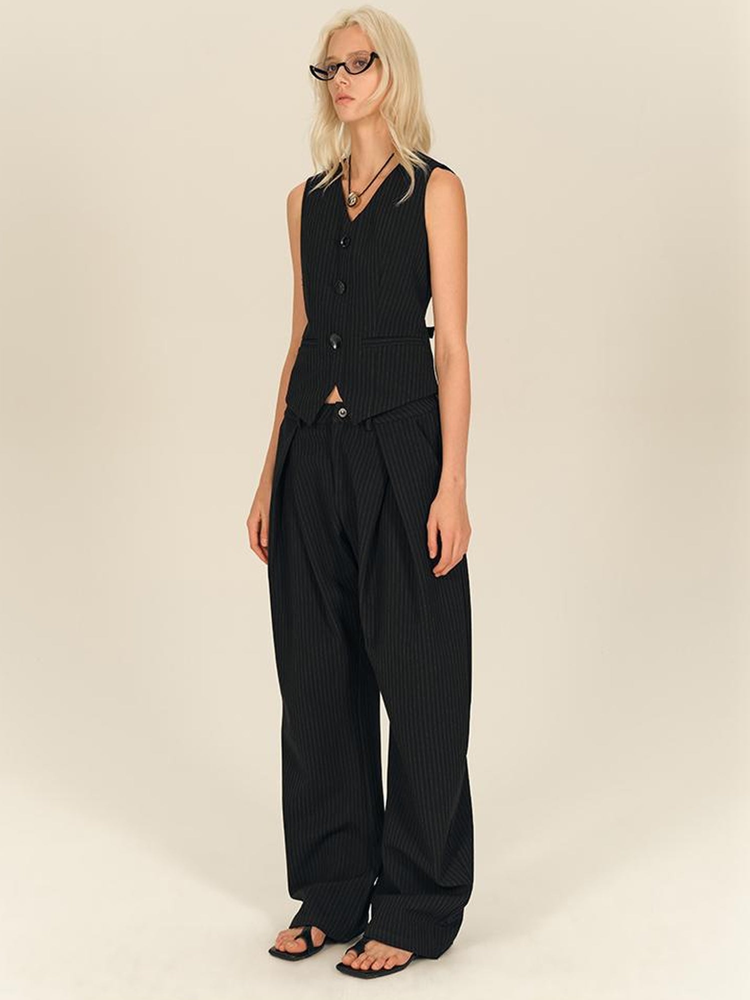 AFTADAWN Retro Striped Wide Leg Trousers With 3D Split Design