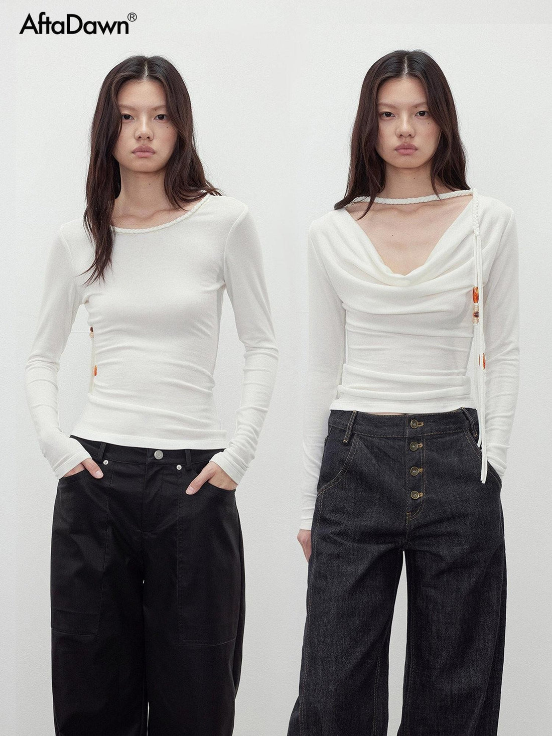 AFTADAWN Reversible Draped Neck Beaded Waist Tie Women&