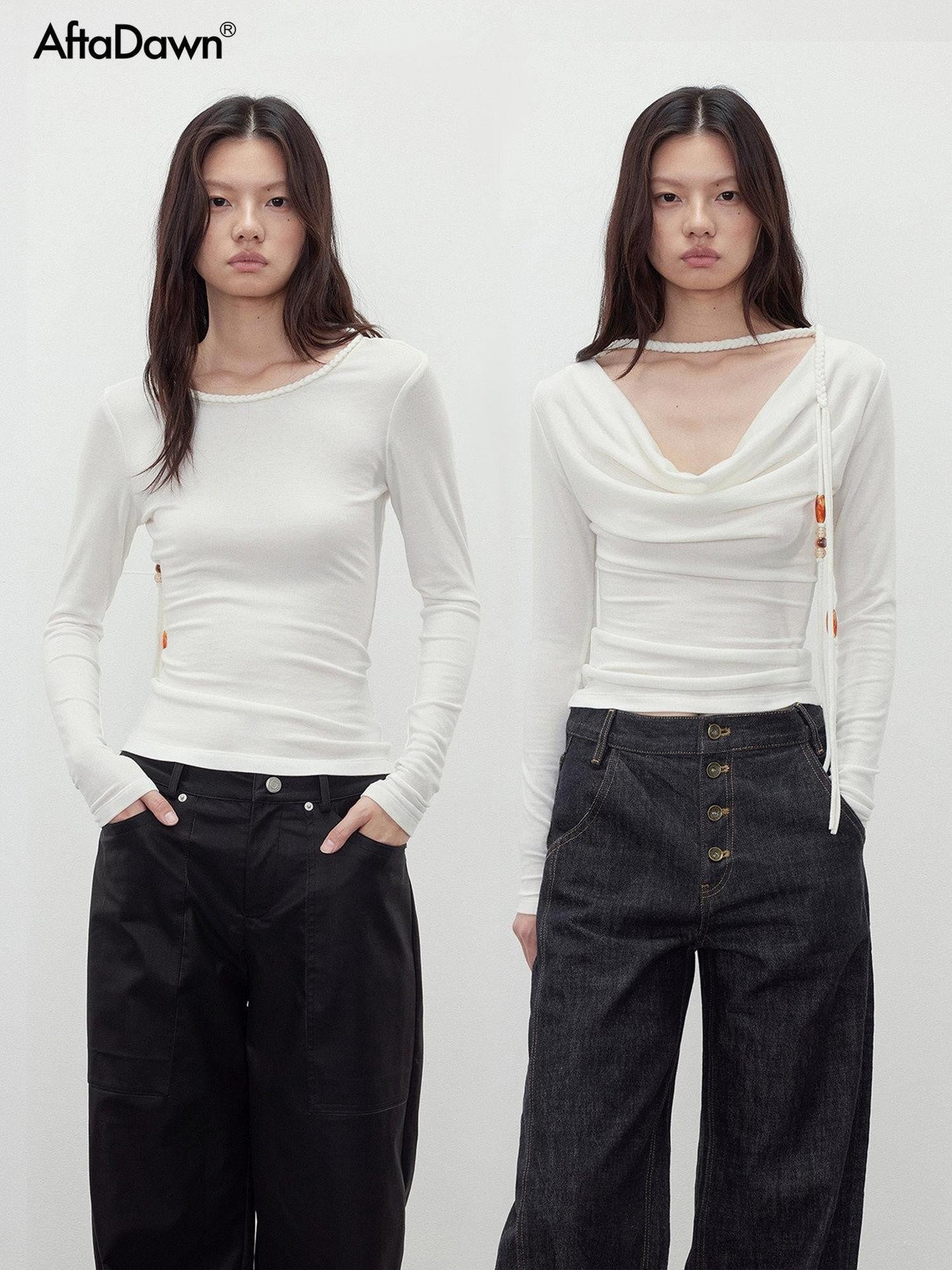 AFTADAWN Reversible Draped Neck Beaded Waist Tie Women&