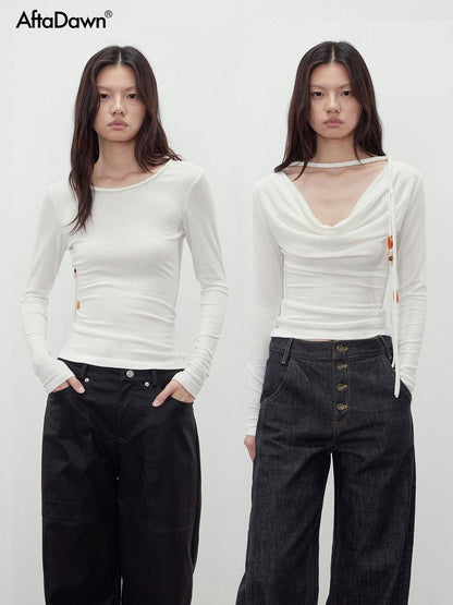 AFTADAWN Reversible Draped Neck Beaded Waist Tie Women&