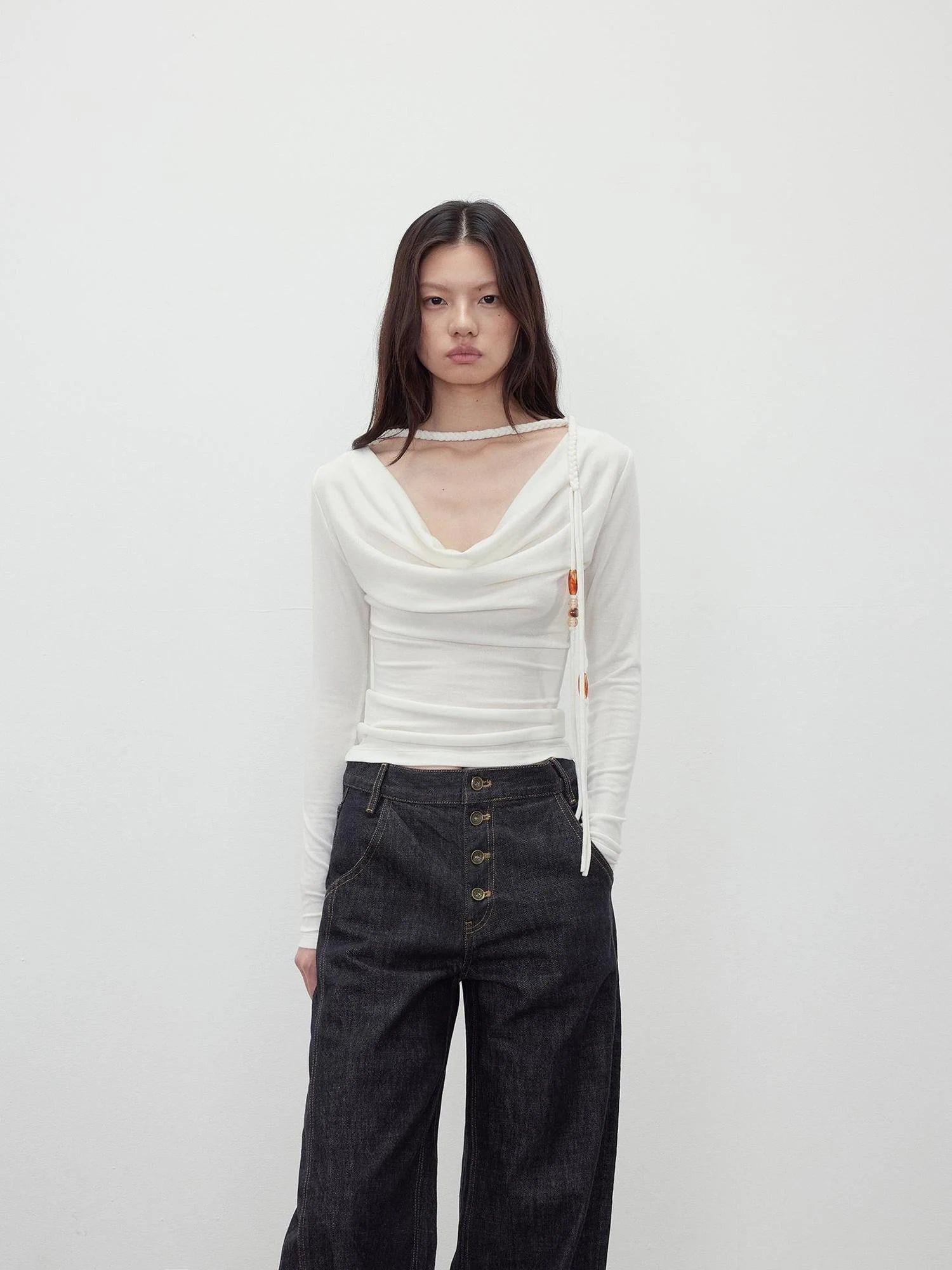 Reversible Merino Wool Beaded Belted Top With Draped Neck