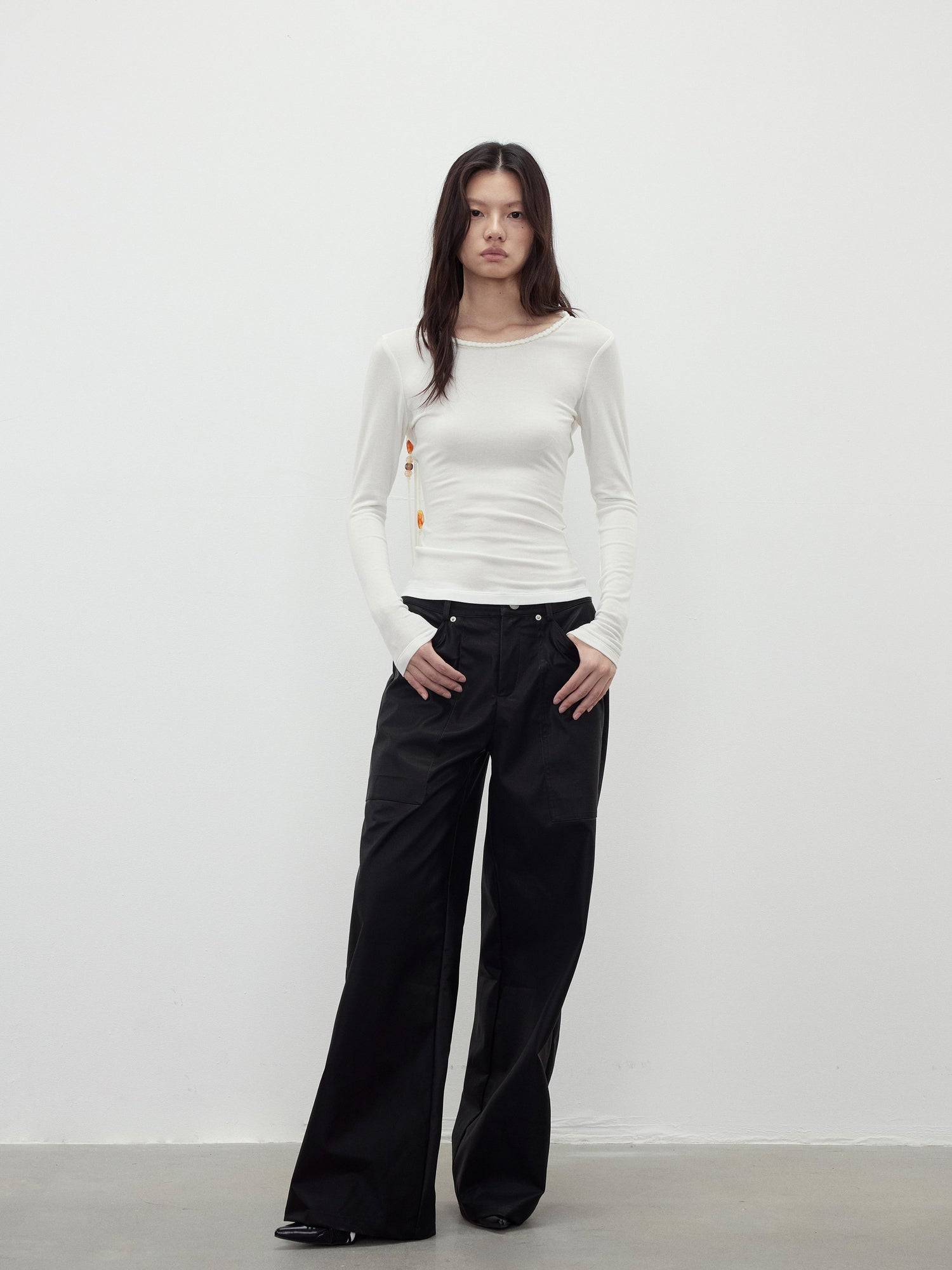 AFTADAWN Reversible Merino Wool Beaded Belted Top With Draped Neck