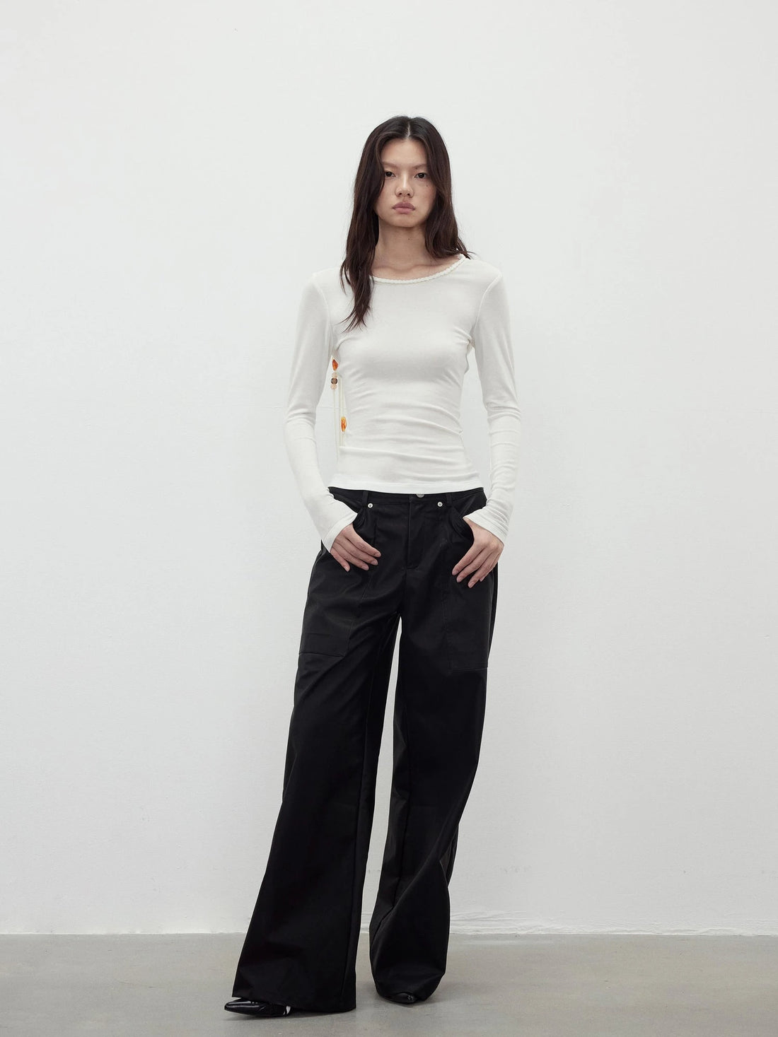 Reversible Merino Wool Beaded Belted Top With Draped Neck