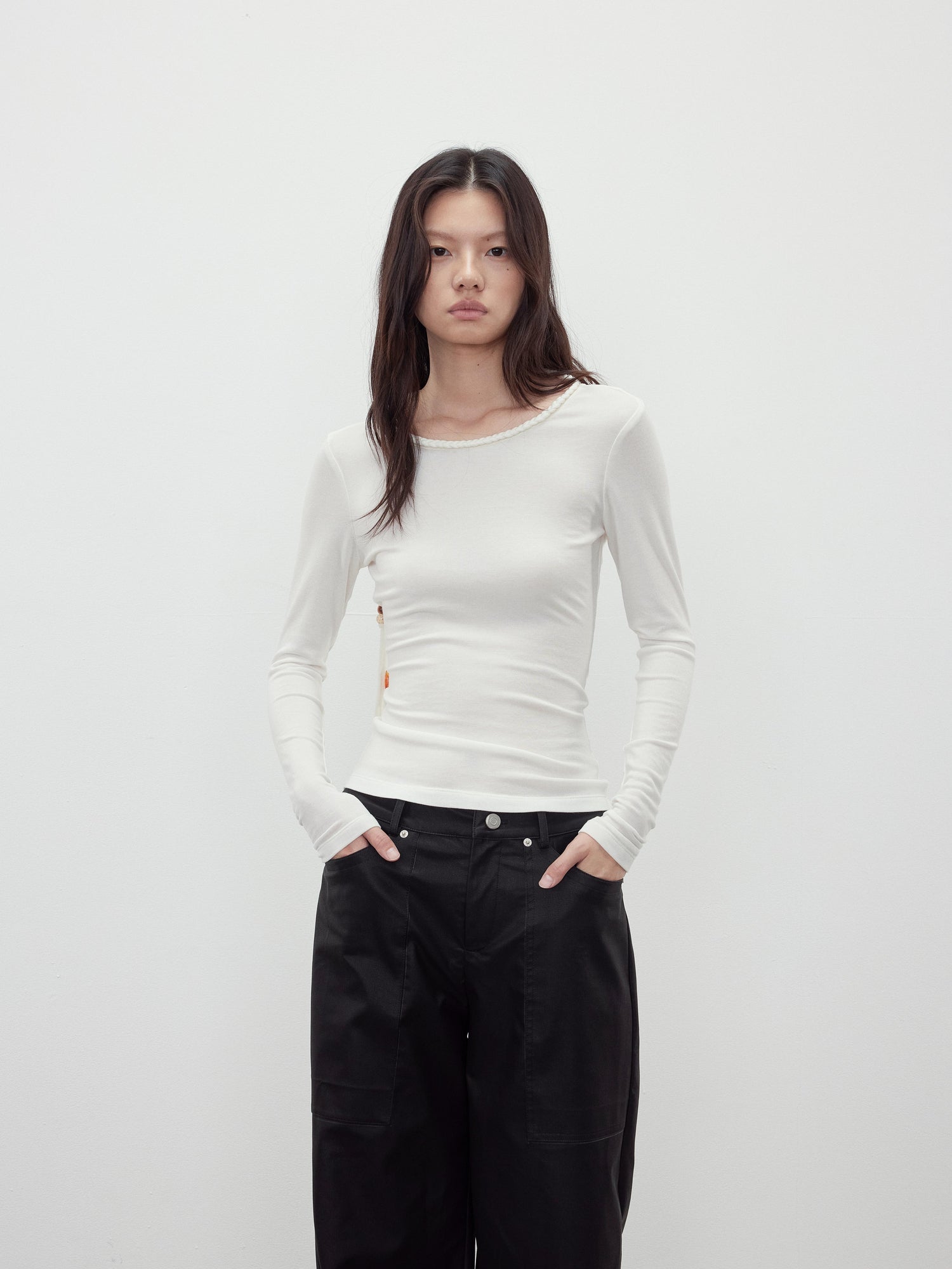 AFTADAWN Reversible Merino Wool Beaded Belted Top With Draped Neck