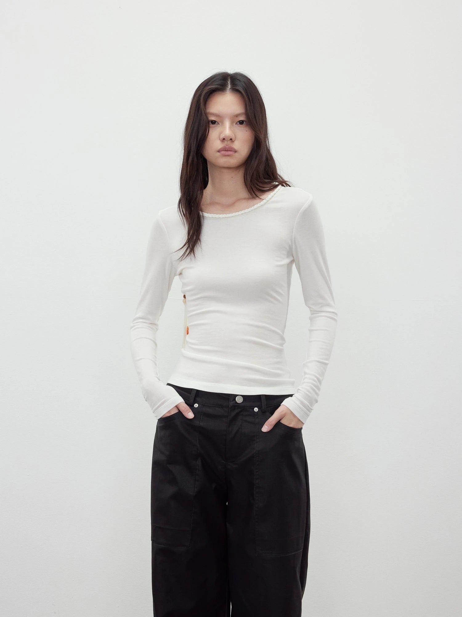 Reversible Merino Wool Beaded Belted Top With Draped Neck